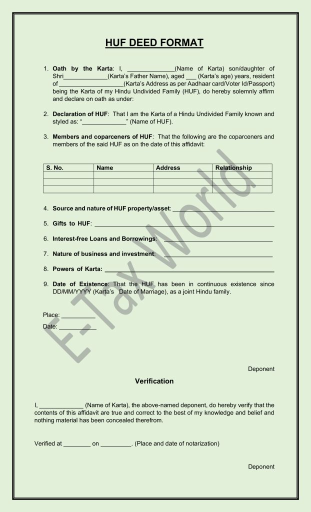 HUF deed format - etaxworld