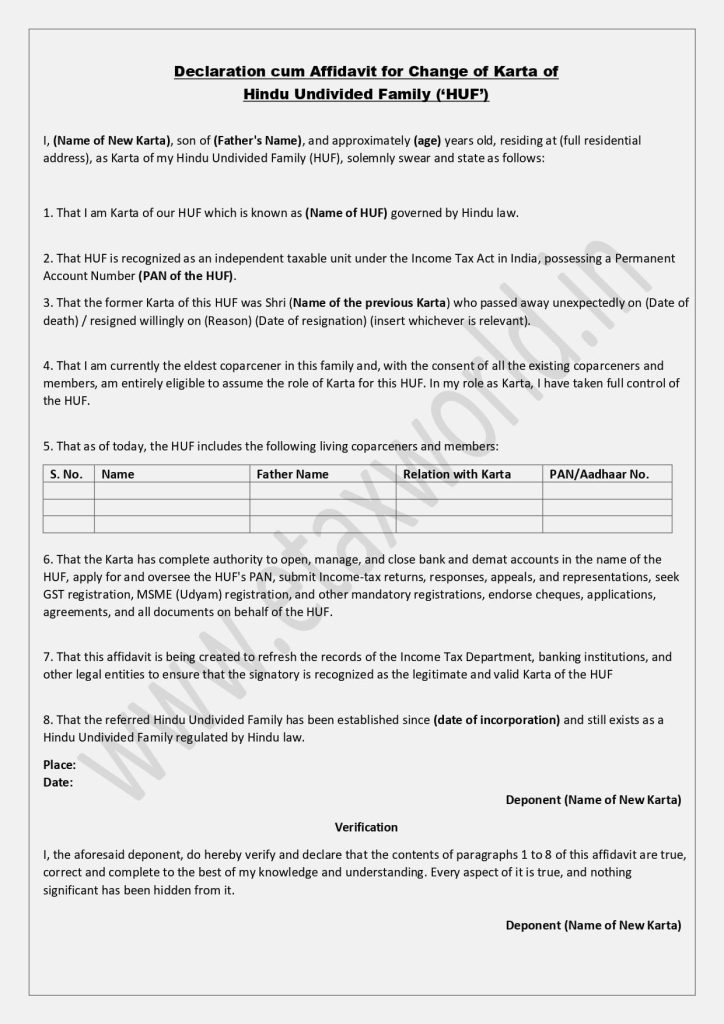 Declaration cum Affidavit for Change of Karta of Hindu Undivided Family (‘HUF’)
